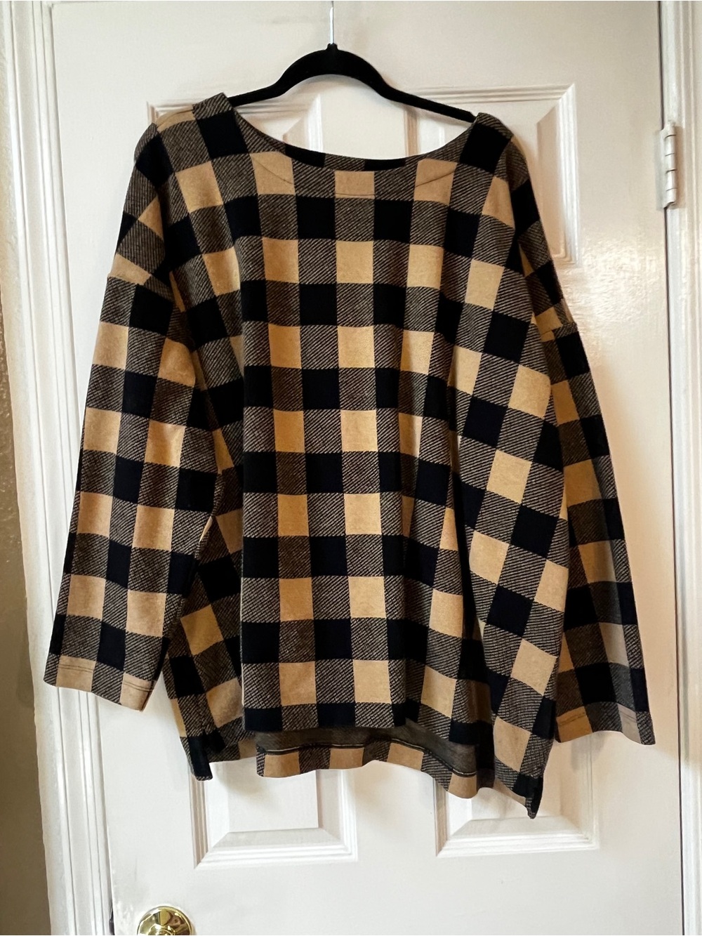 J. Jill Black and Tan Buffalo-Check Scoop Neck Sweater